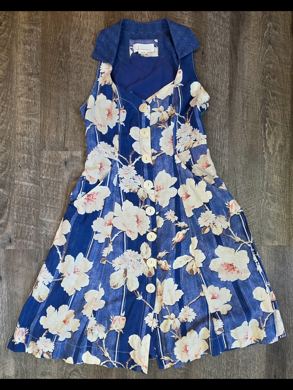 Anthropologie Camellia Collared Midi Dress Womens 2 Blue Cream Floral Retro 90s - Picture 7 of 12